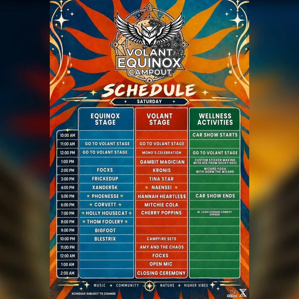 Saturday Volant Equinox Campout schedule showing KRONIS at 2 PM on the Volant Stage before Tina Star