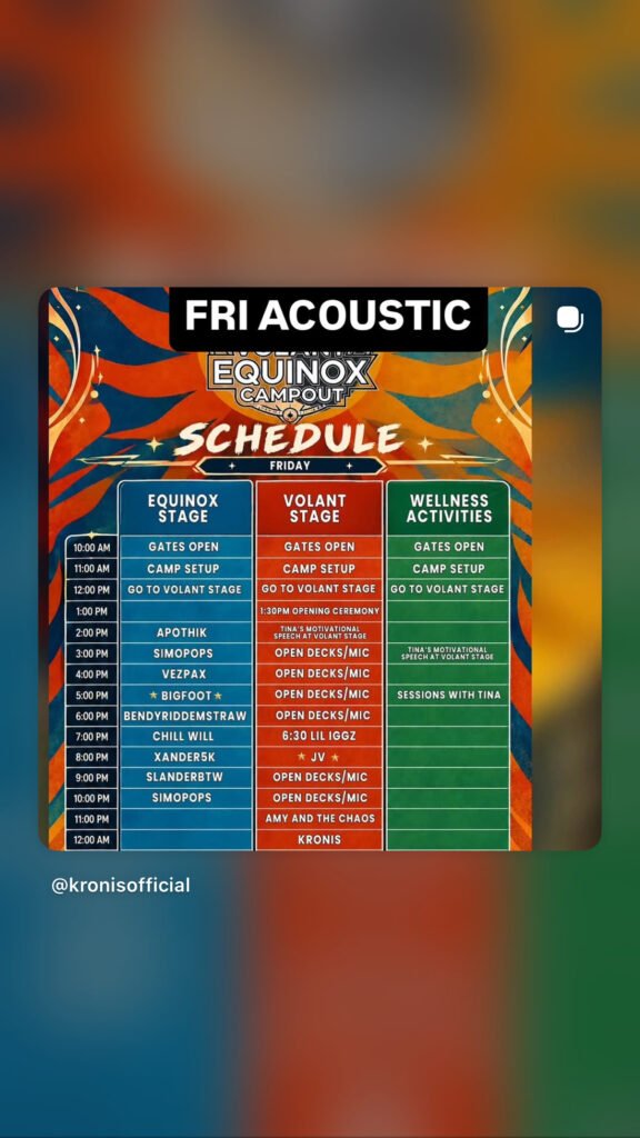 Friday Volant Equinox Campout schedule showing KRONIS at midnight on the Volant Stage