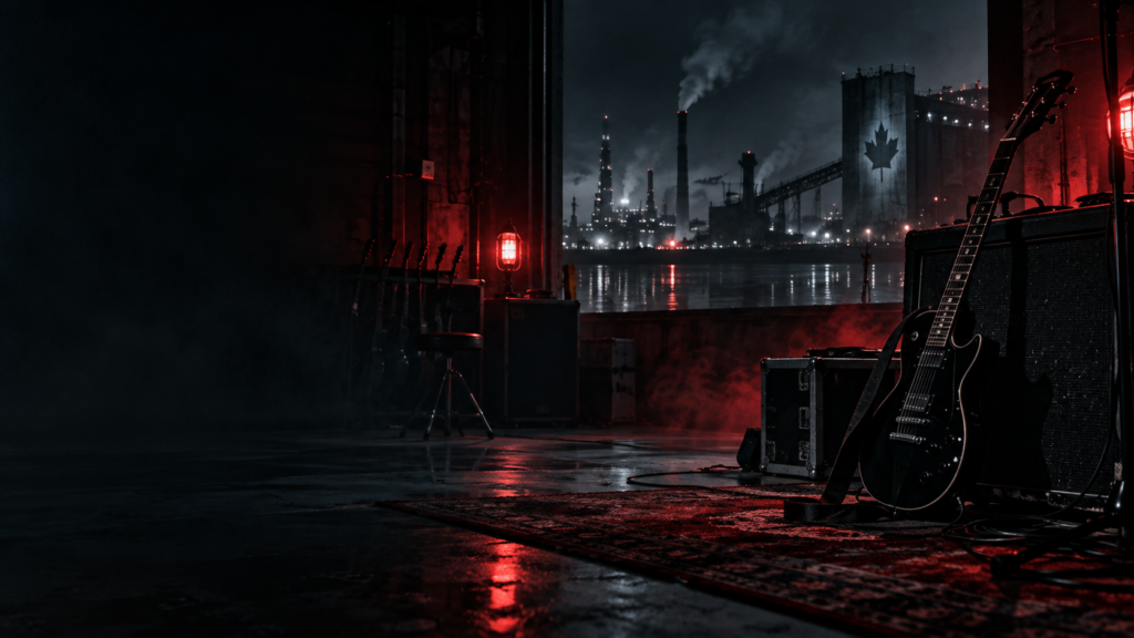 Black electric guitar in a dark red-lit Canadian industrial night scene for KRONIS American Icon
